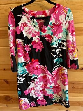 Aryeh Floral V-Neck Tunic Dress in Pink, Black and Teal, Size S